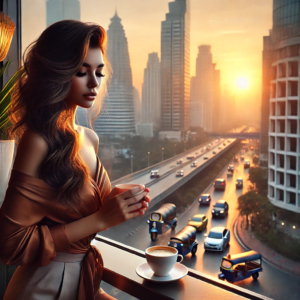 the morning ritual , pretty girl , balcony , coffee, lookin gout over the city